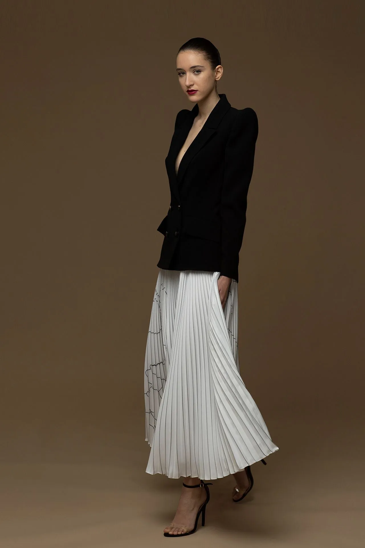 Long-Sleeved Blazer with A-line Pleated Skirt