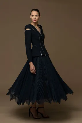 Long-Sleeved Blazer with Zipper and Midi Skirt