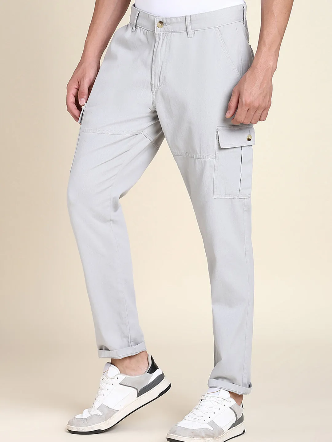 Men's Light Grey Solid Cargo