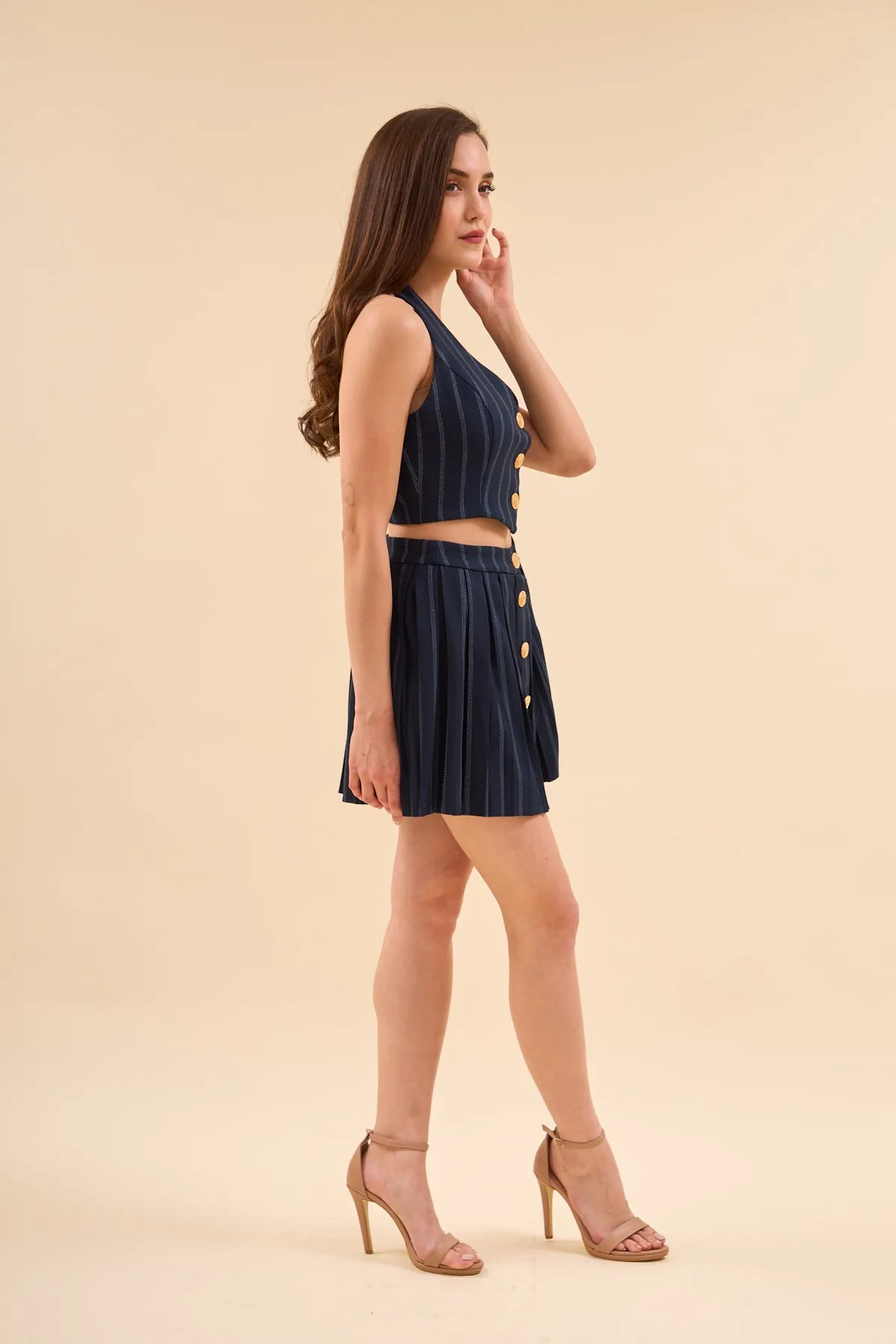 Navy Blue Gold Buttoned Vest And Pleated Skirt Set