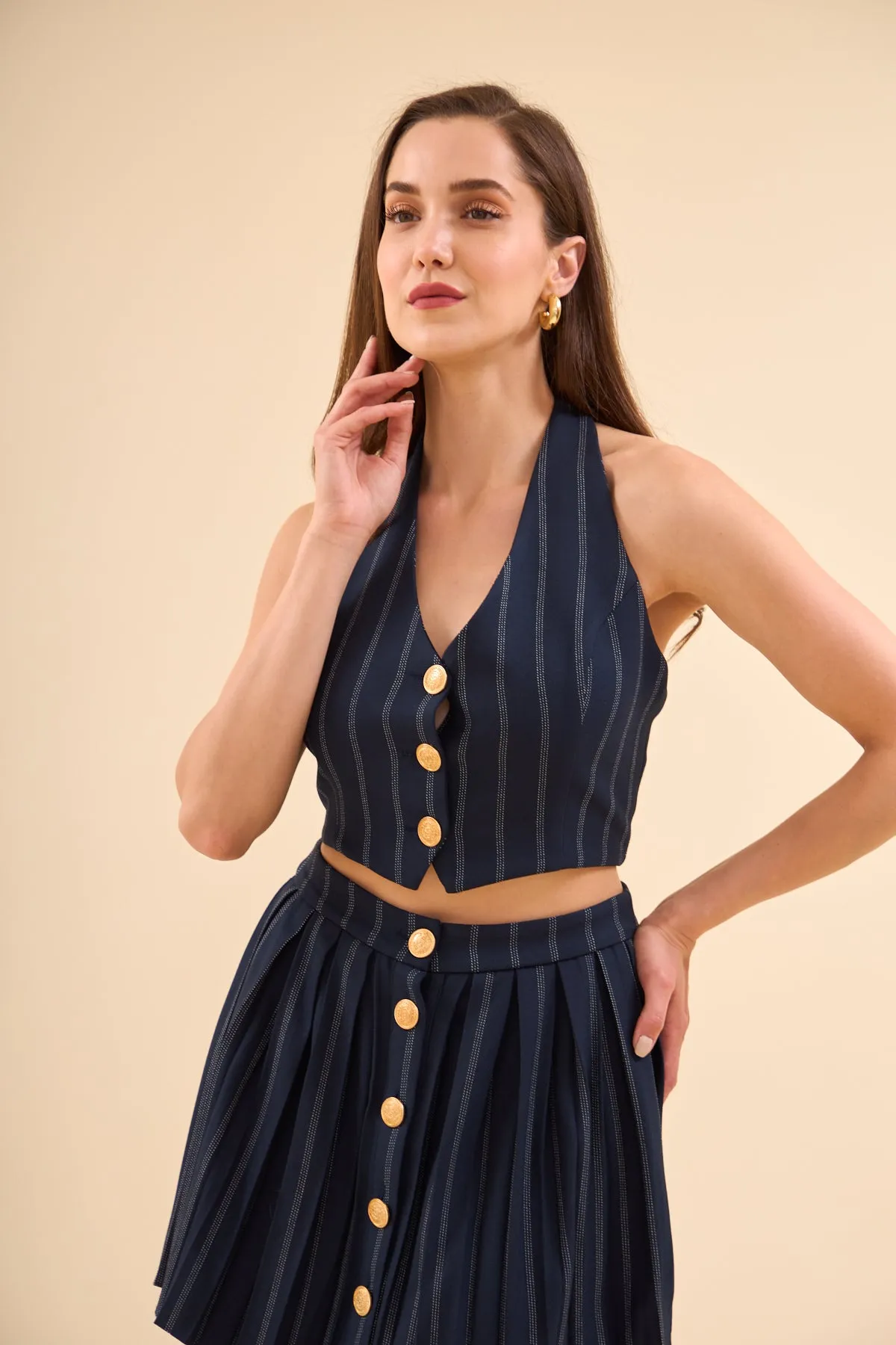 Navy Blue Gold Buttoned Vest And Pleated Skirt Set