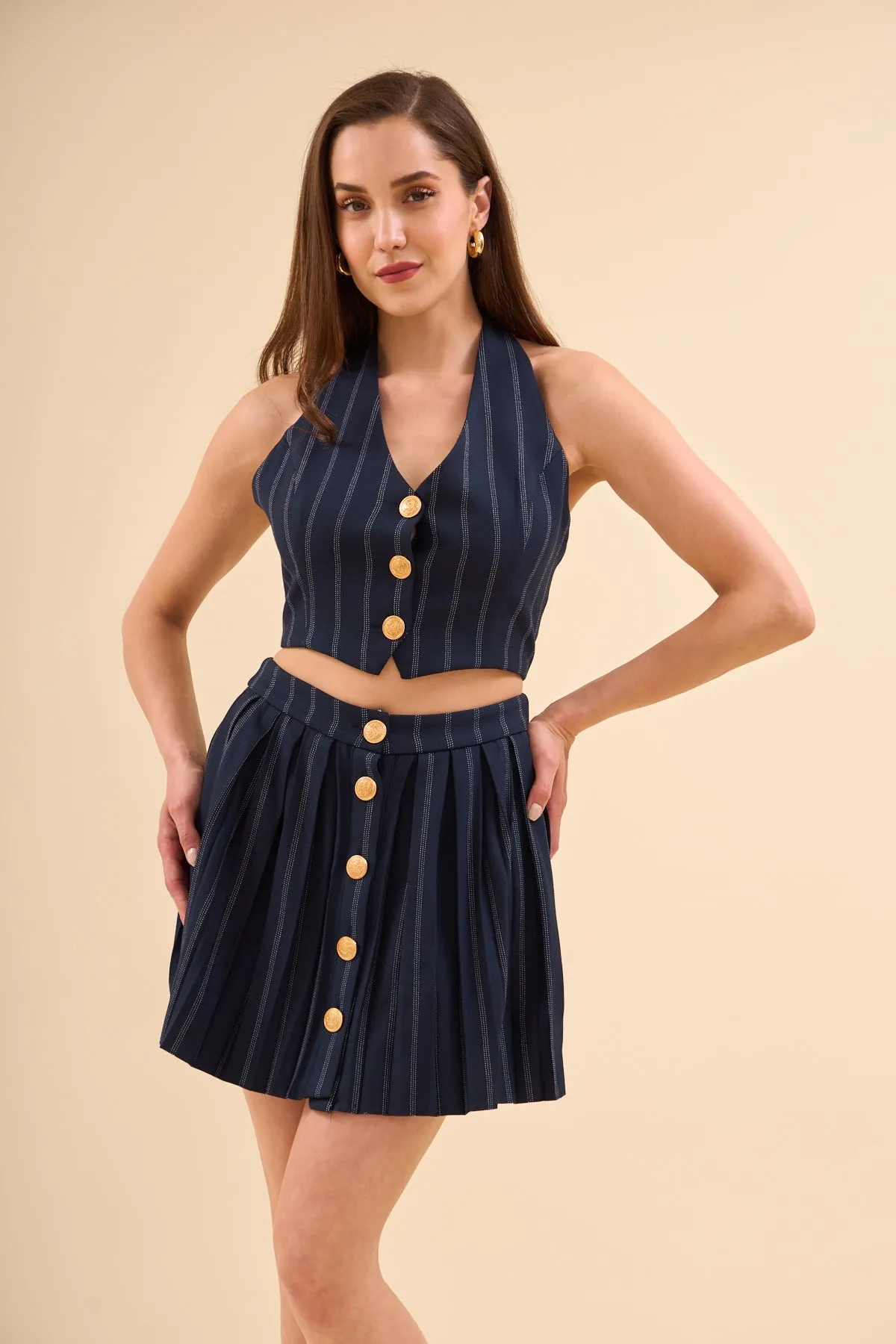 Navy Blue Gold Buttoned Vest And Pleated Skirt Set