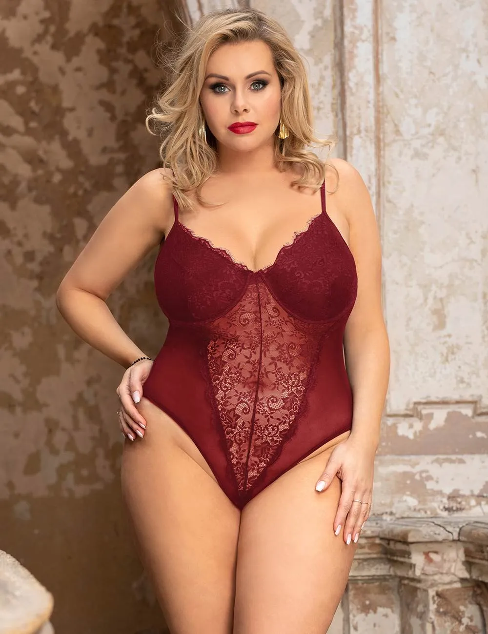 Open Crotch Sexy Teddy with Underwire Burgundy