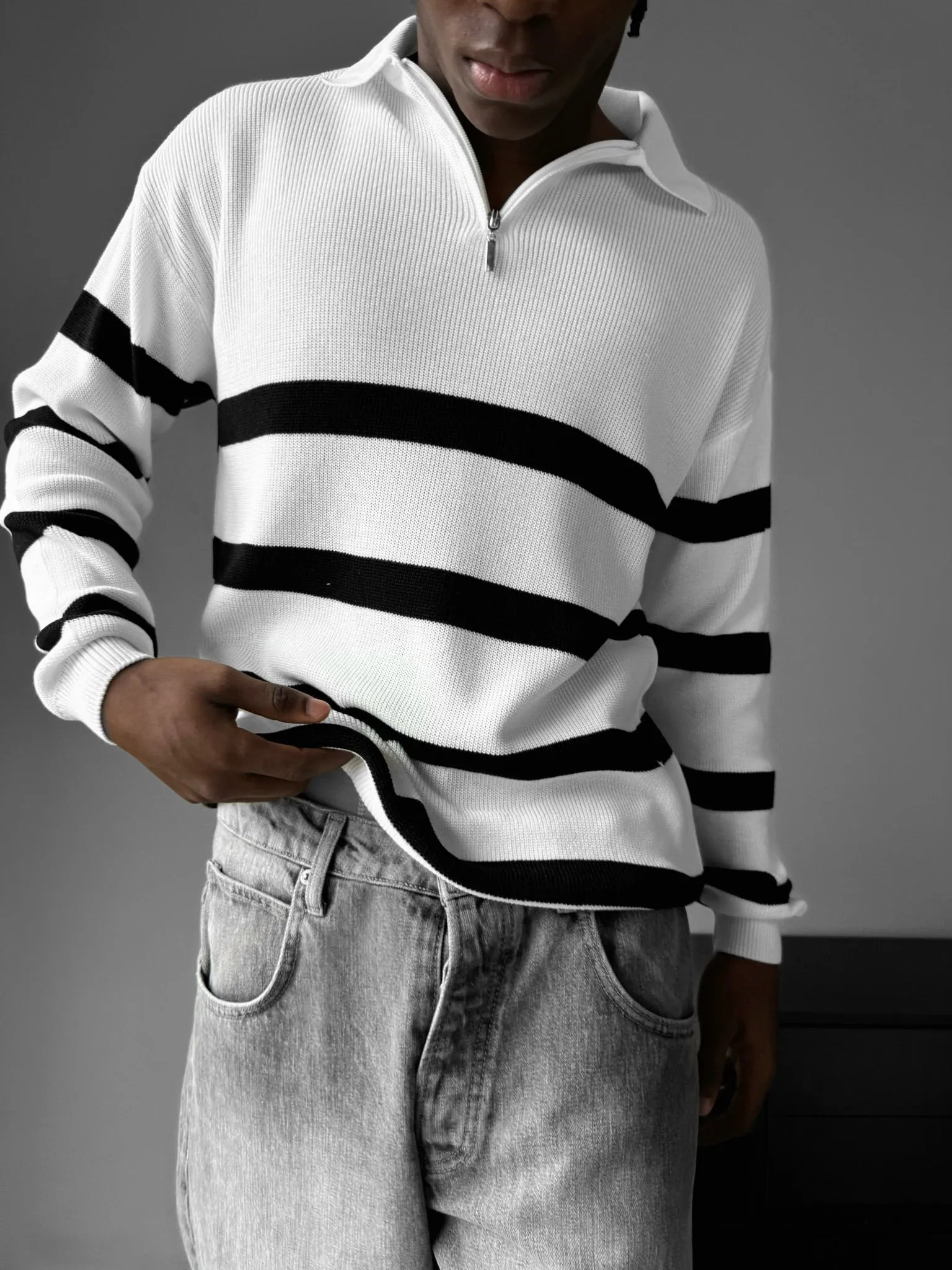 Oversize Knit Crop Polo Sweater - Ecru