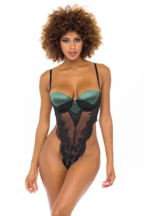 Paulette Mesh and Lace Teddy - Dark Green/Black -