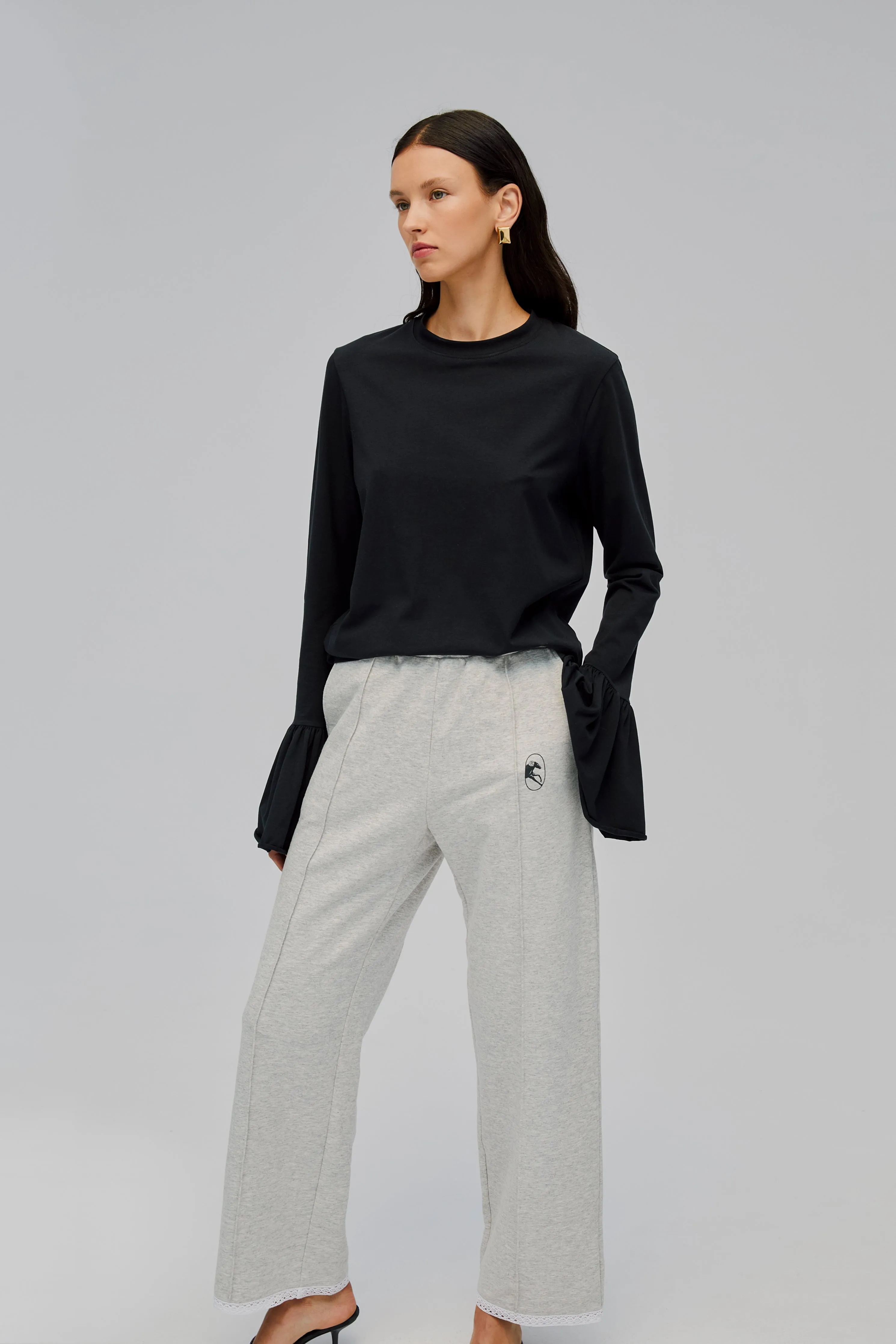 Relaxed Stretch-cotton Jersey Pants with Lace in Grey