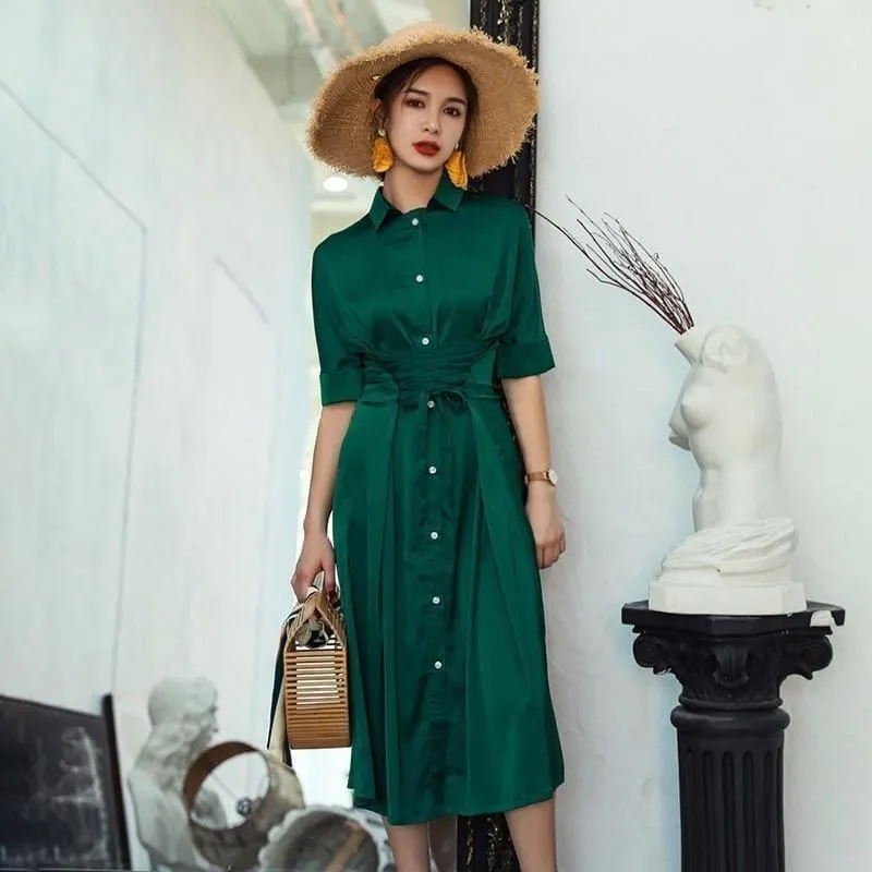 Side Slit Chiffon ButtonUp Short Sleeve High Waist Sexy Maxi Dress