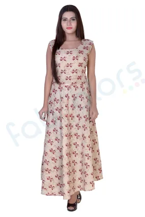 Slub Cotton Red Leaf Printed Maxi Dress