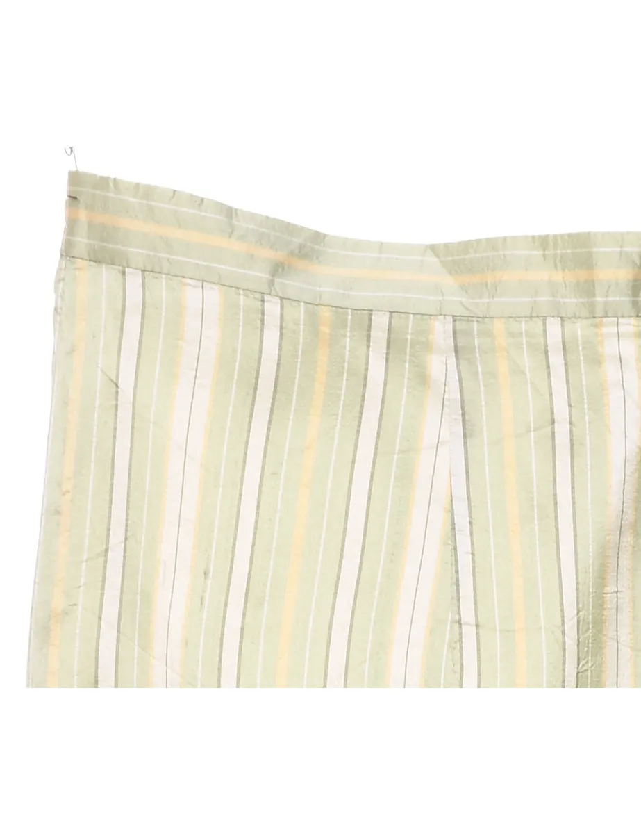 Striped Light Green, White & Yellow 100% Silk Trousers - W32 L26