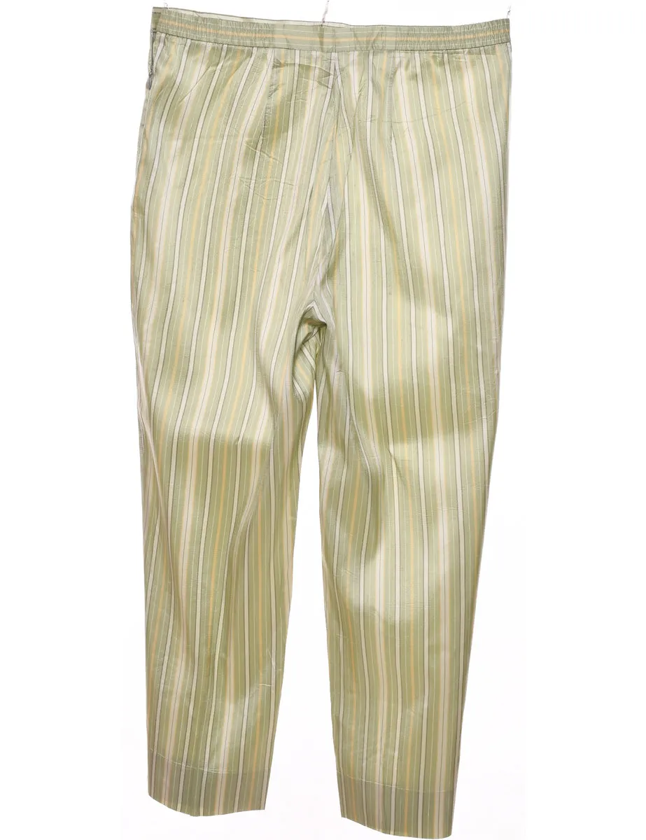 Striped Light Green, White & Yellow 100% Silk Trousers - W32 L26