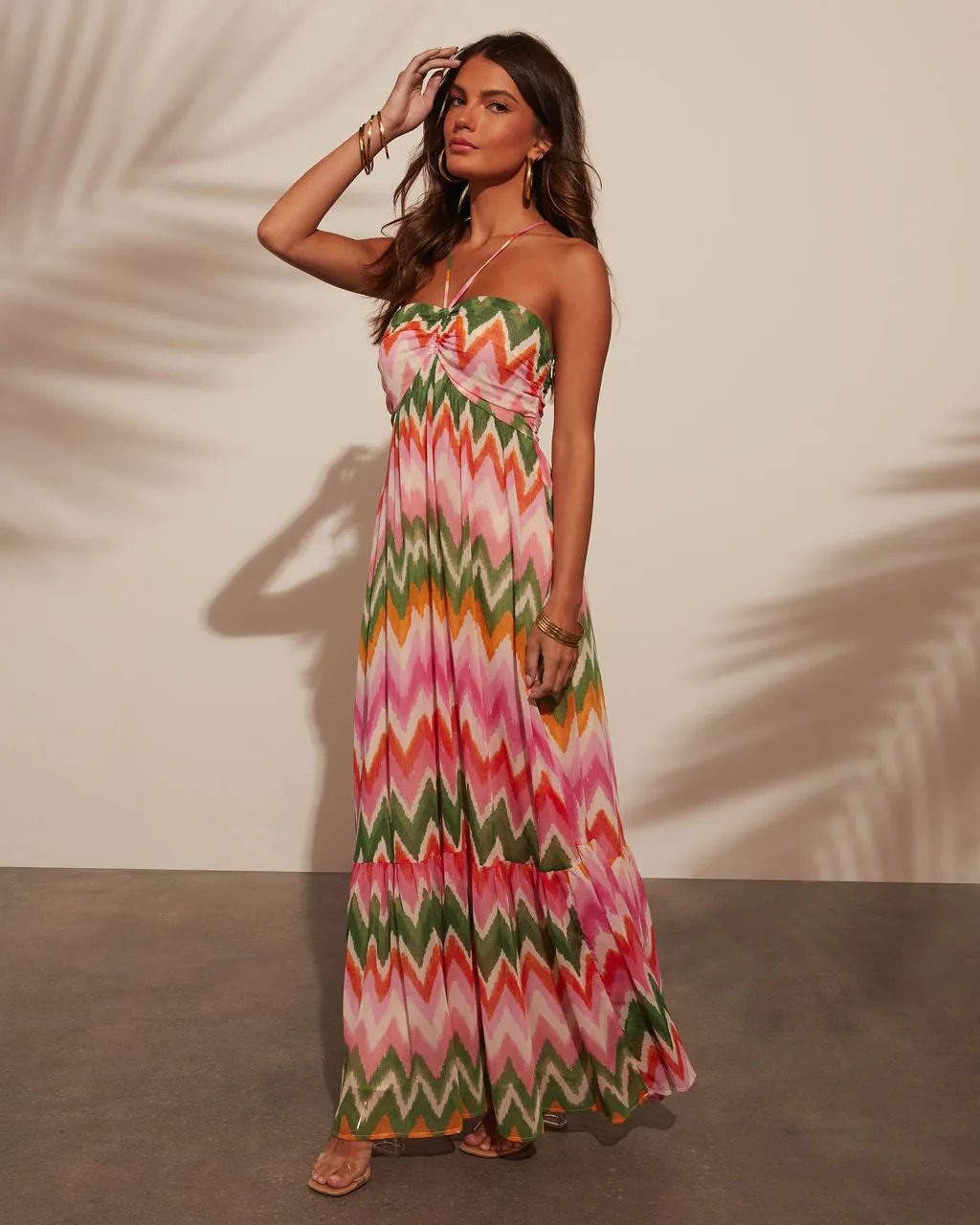 Sunset Tropics Zigzag Print Empire Maxi Dress
