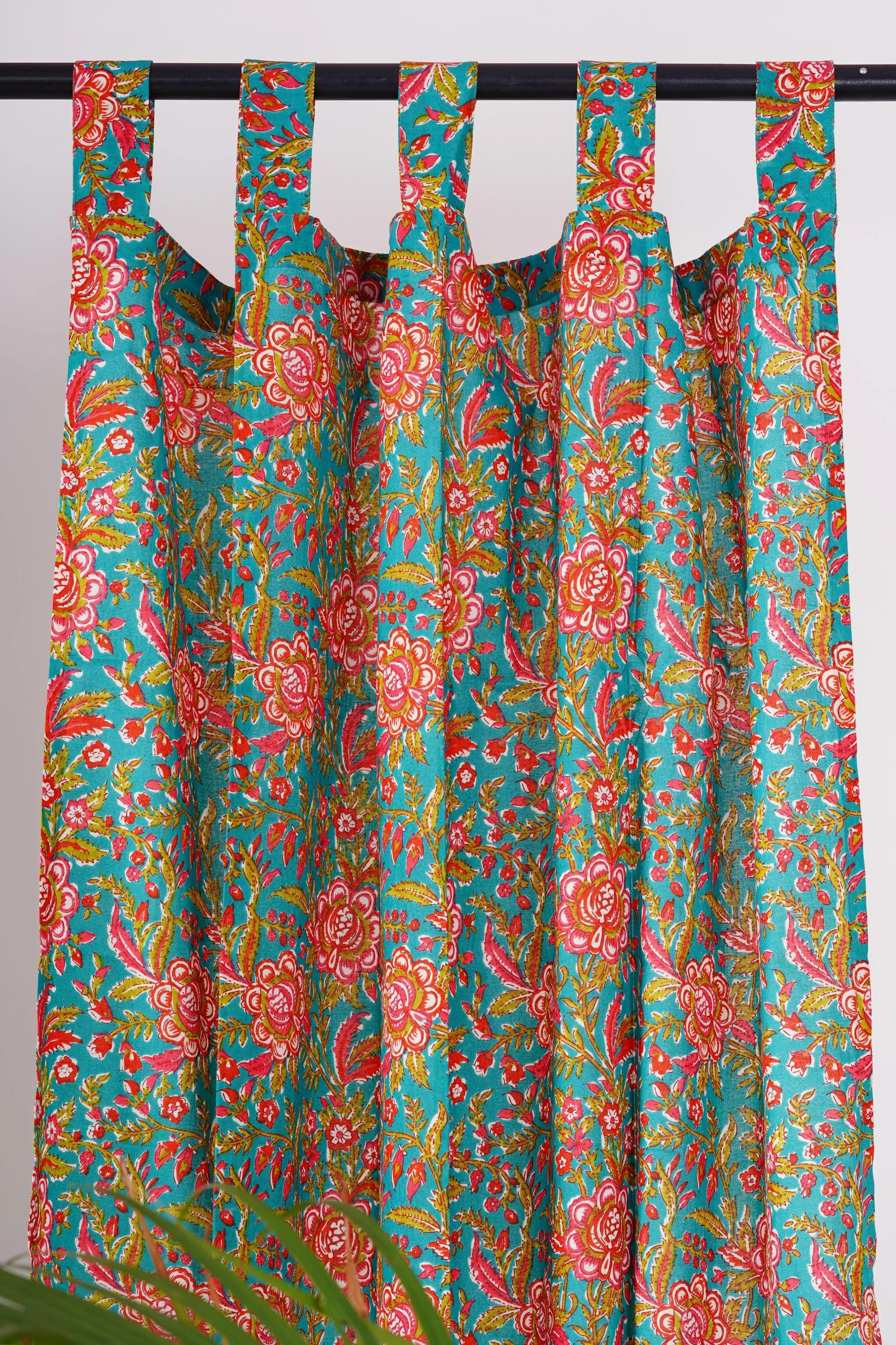 Teal and Pink Floral Curtain Pair