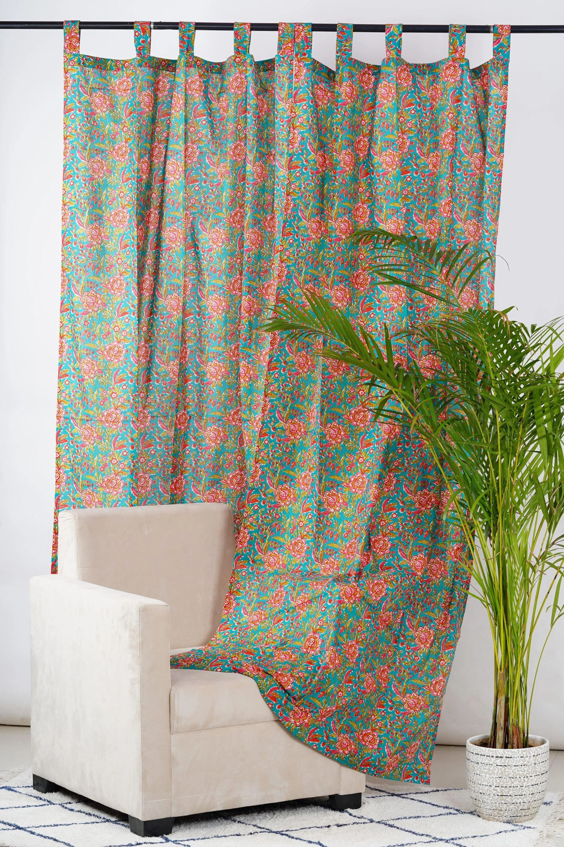 Teal and Pink Floral Curtain Pair