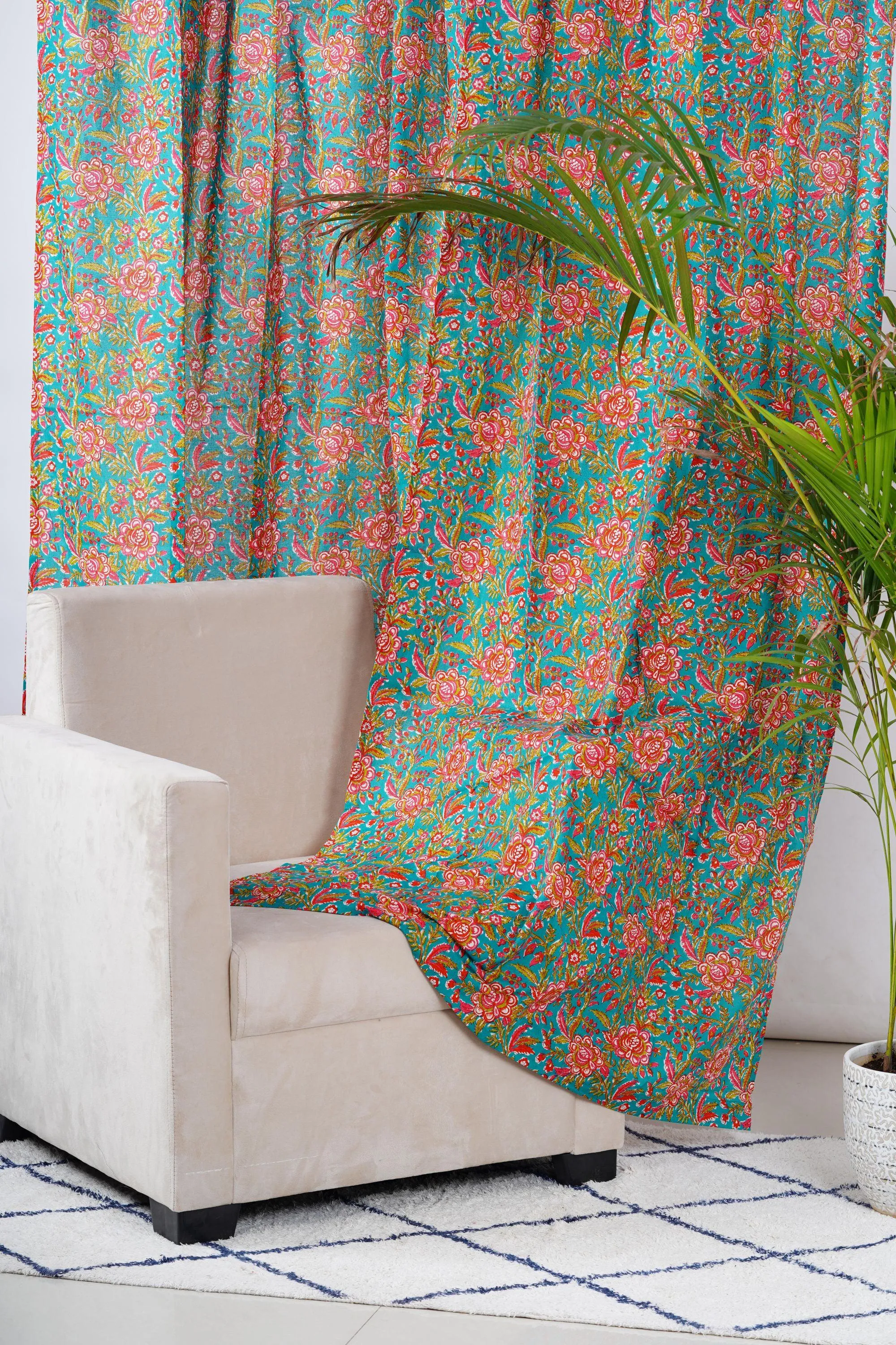 Teal and Pink Floral Curtain Pair