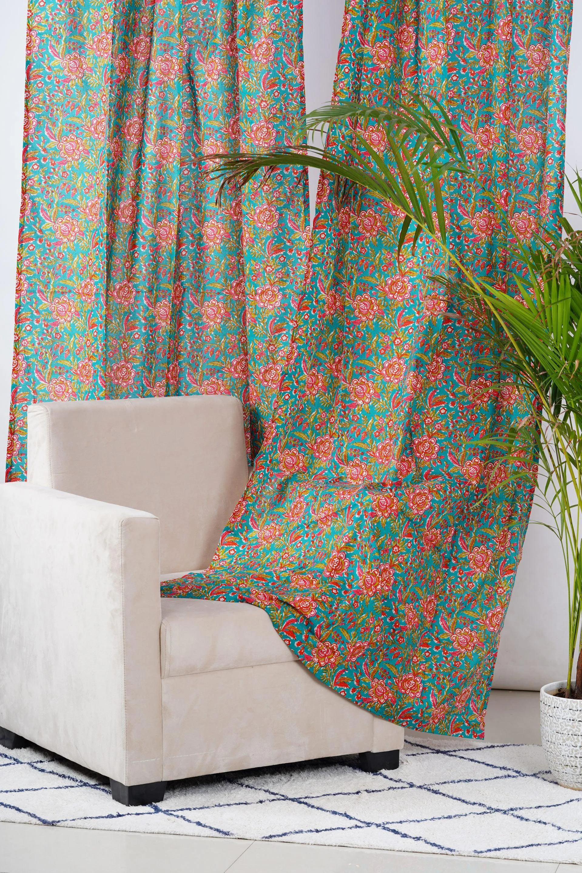 Teal and Pink Floral Curtain Pair