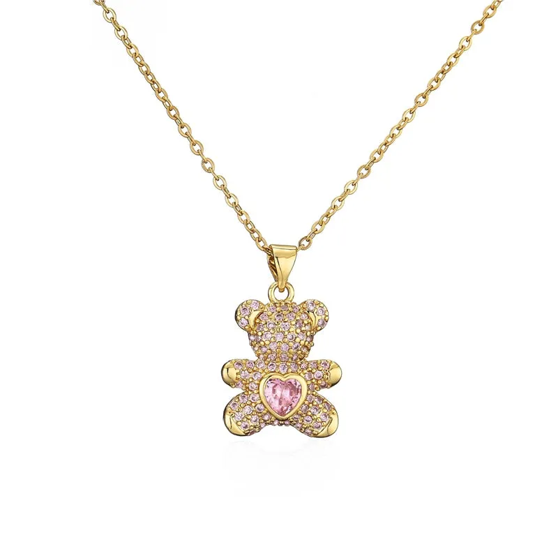Teddy Bear Heart Shape Pave Cubic Zirconia Pendant Necklace