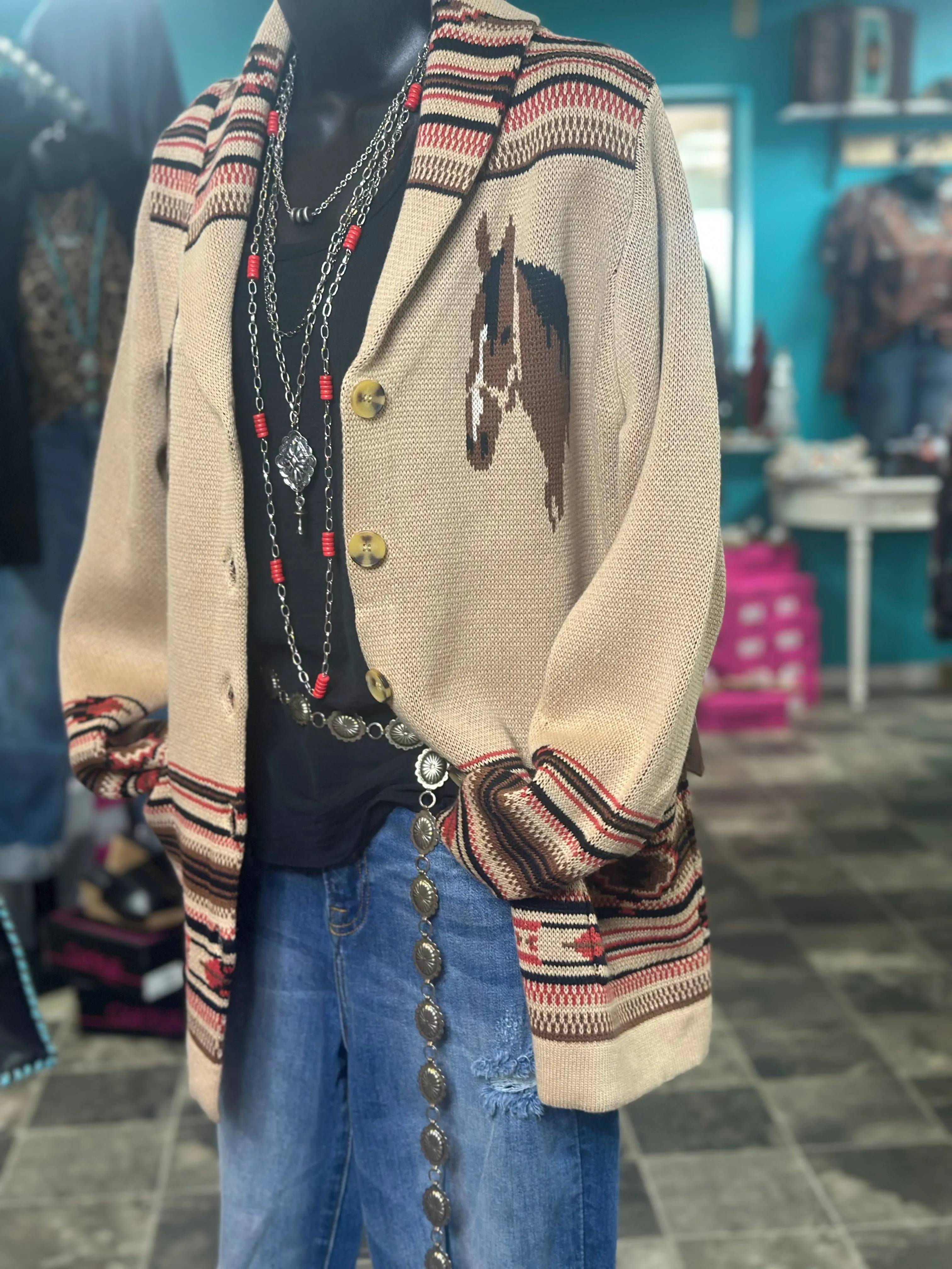 The Tan Bozeman Vintage Horse Cardigan