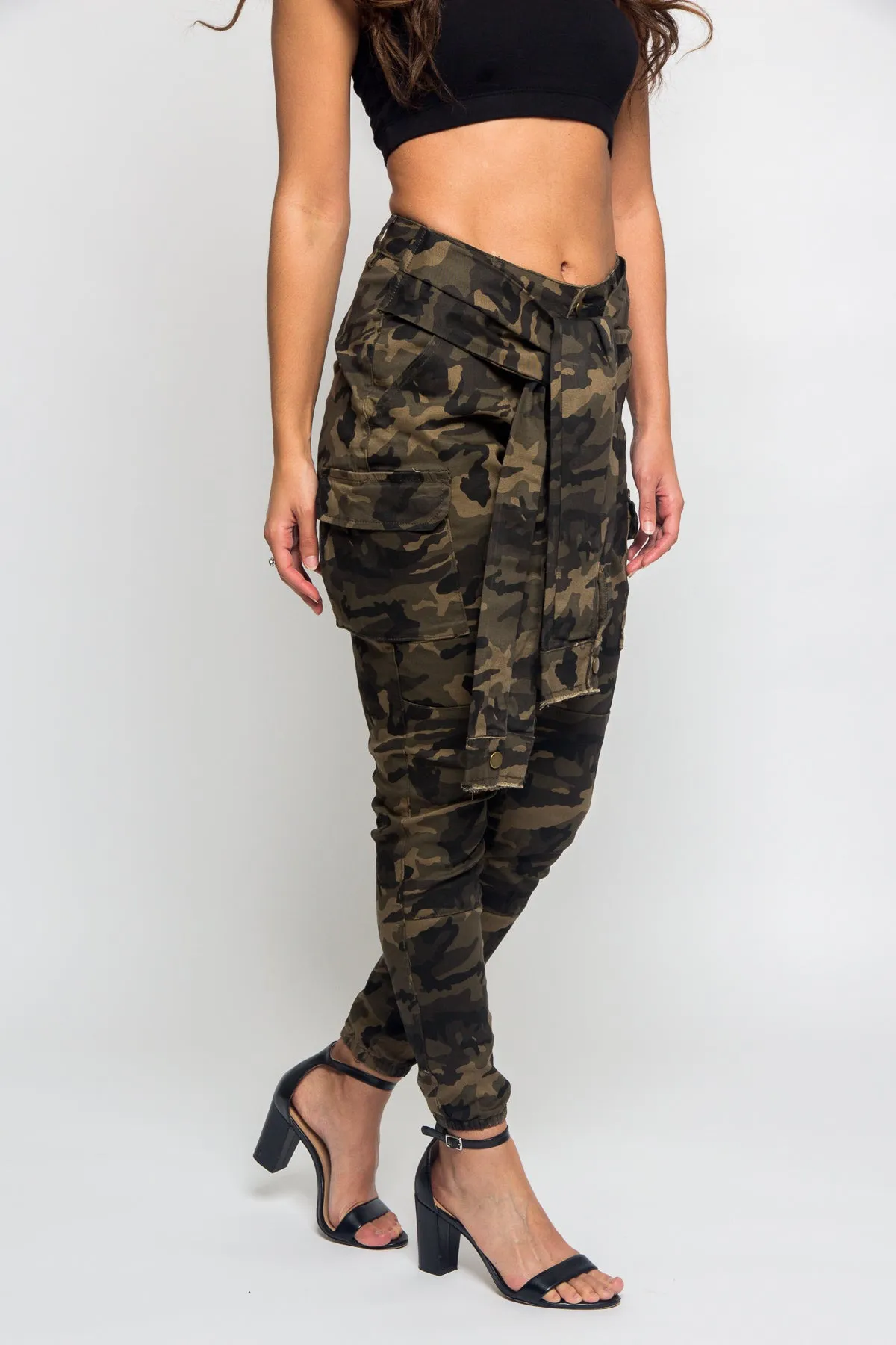 Tied Sleeve Illusion Cargo Jogger Pants