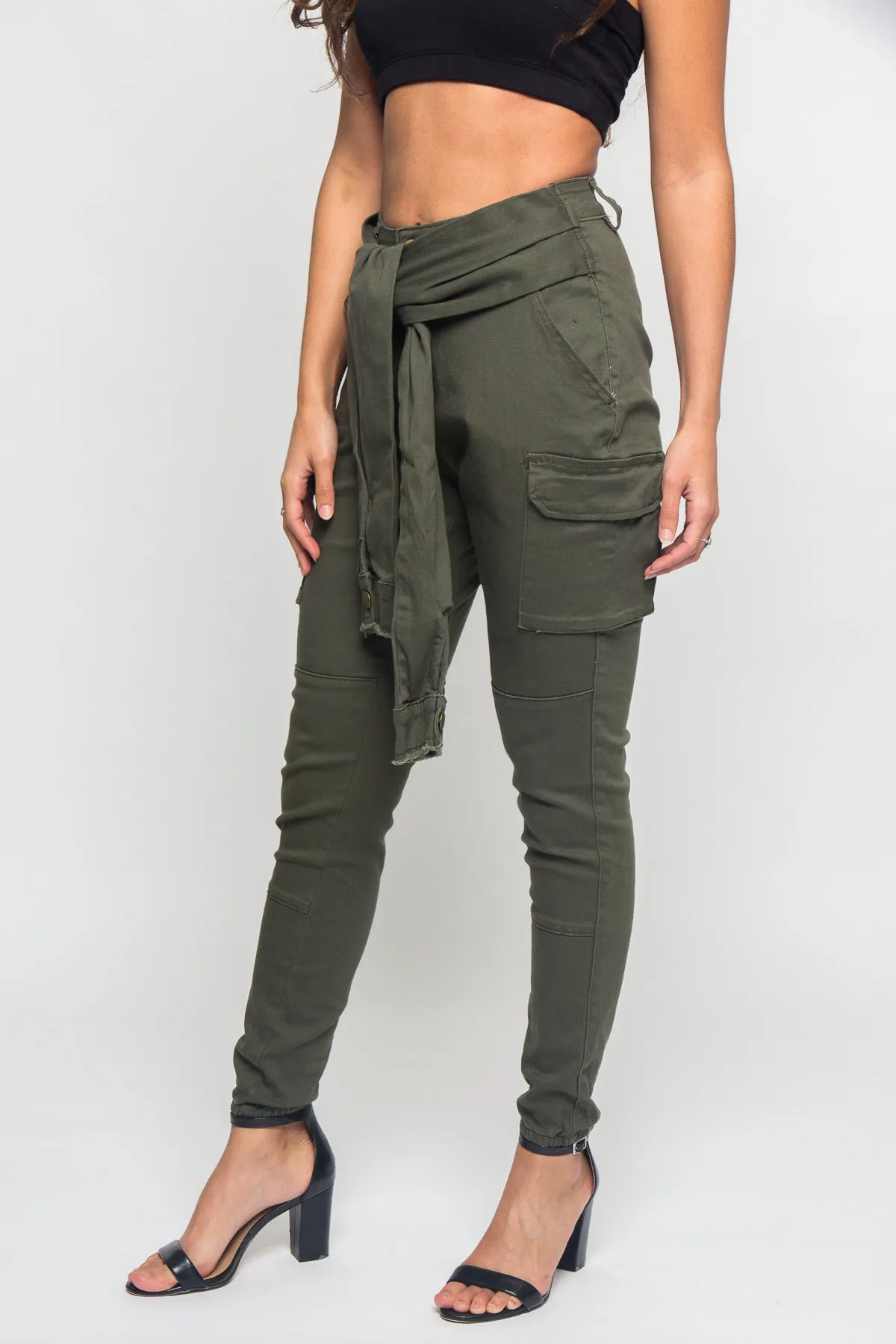 Tied Sleeve Illusion Cargo Jogger Pants