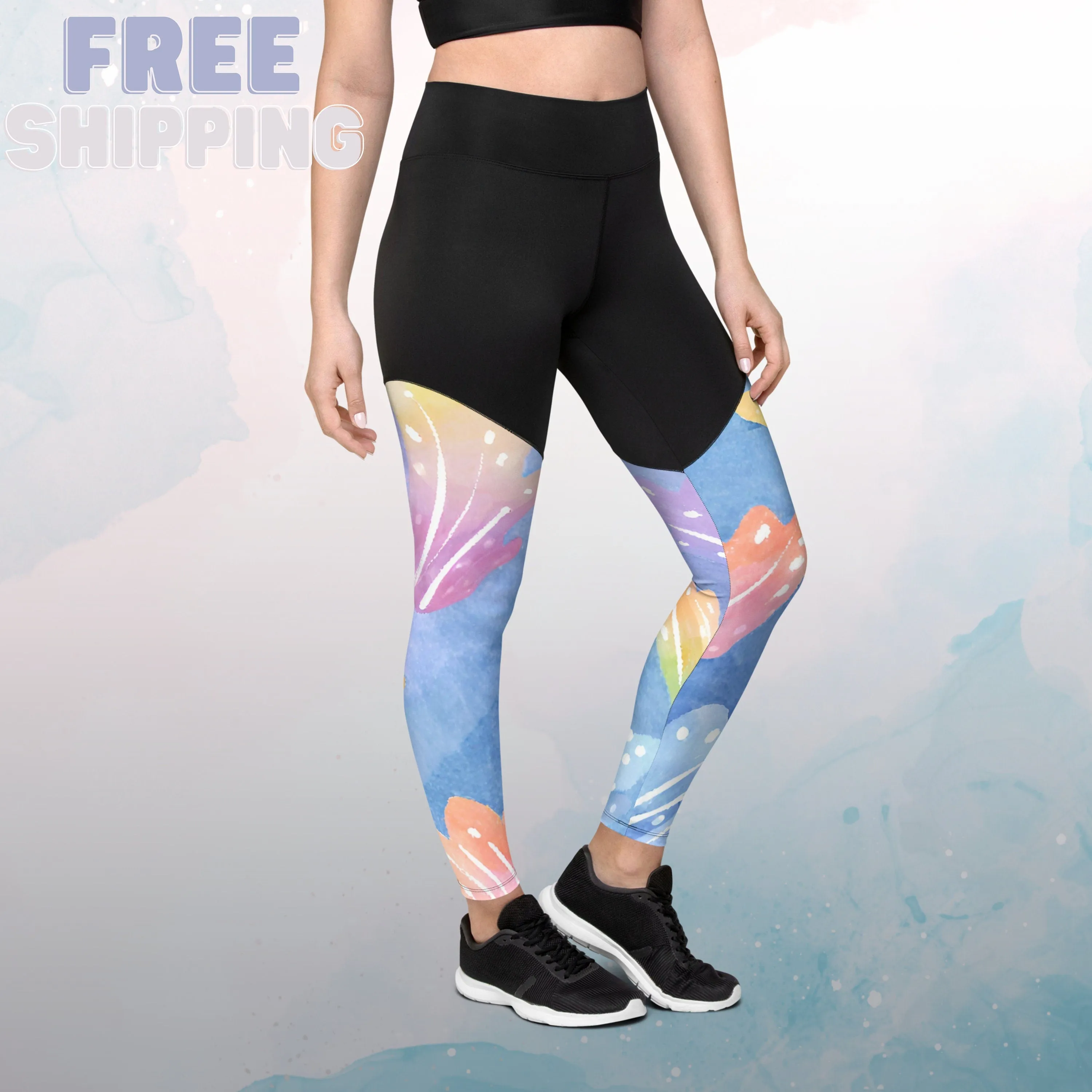 Tight Hold Womens Workout Sports Leggings with Watercolor Rainbow Leaves
