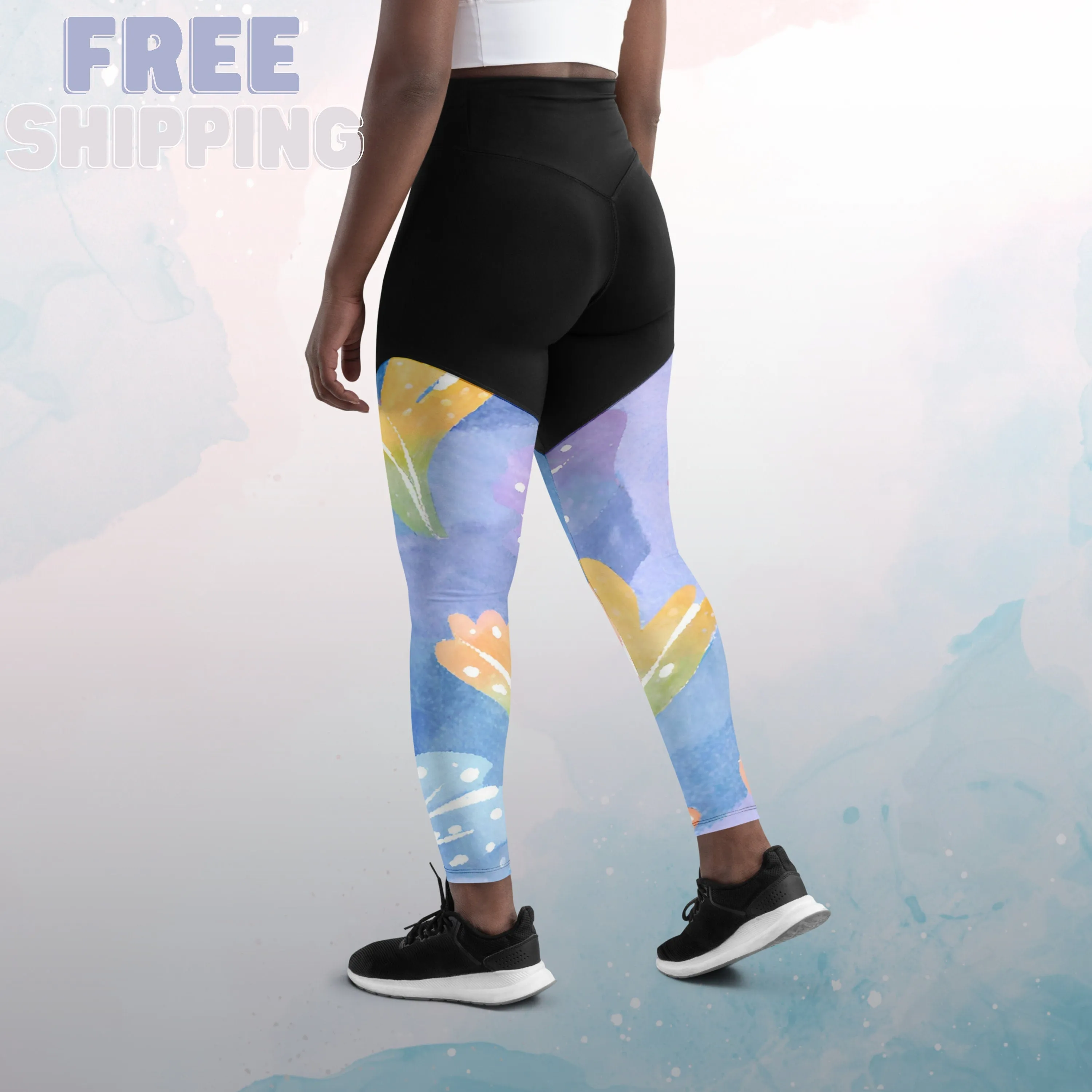Tight Hold Womens Workout Sports Leggings with Watercolor Rainbow Leaves