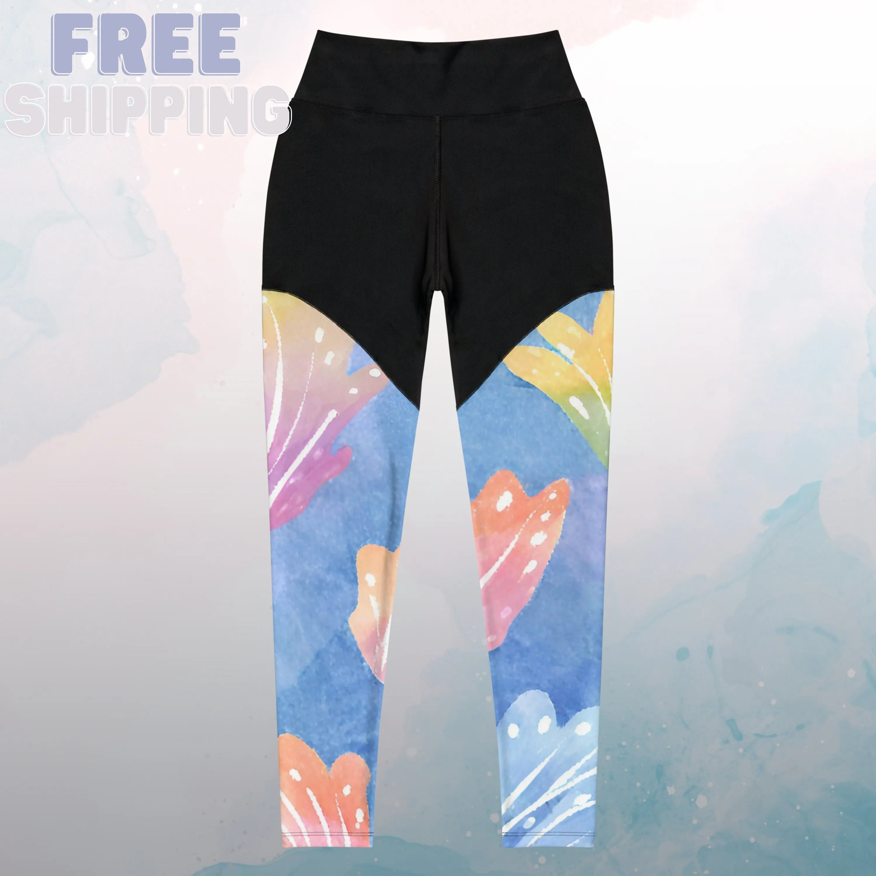 Tight Hold Womens Workout Sports Leggings with Watercolor Rainbow Leaves