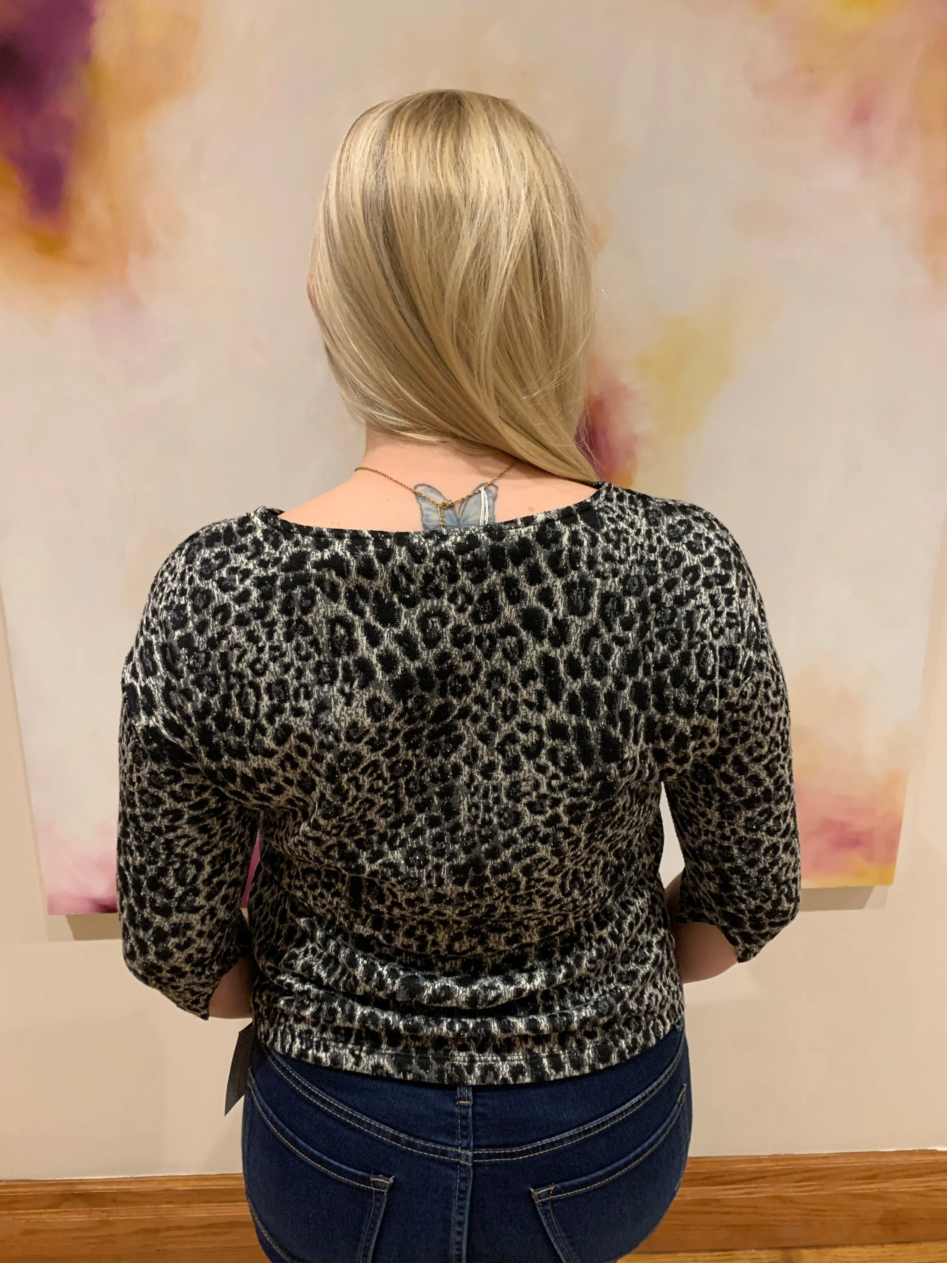 Tu Black Leopard Print Knit 3/4 Sleeve Top - Medium