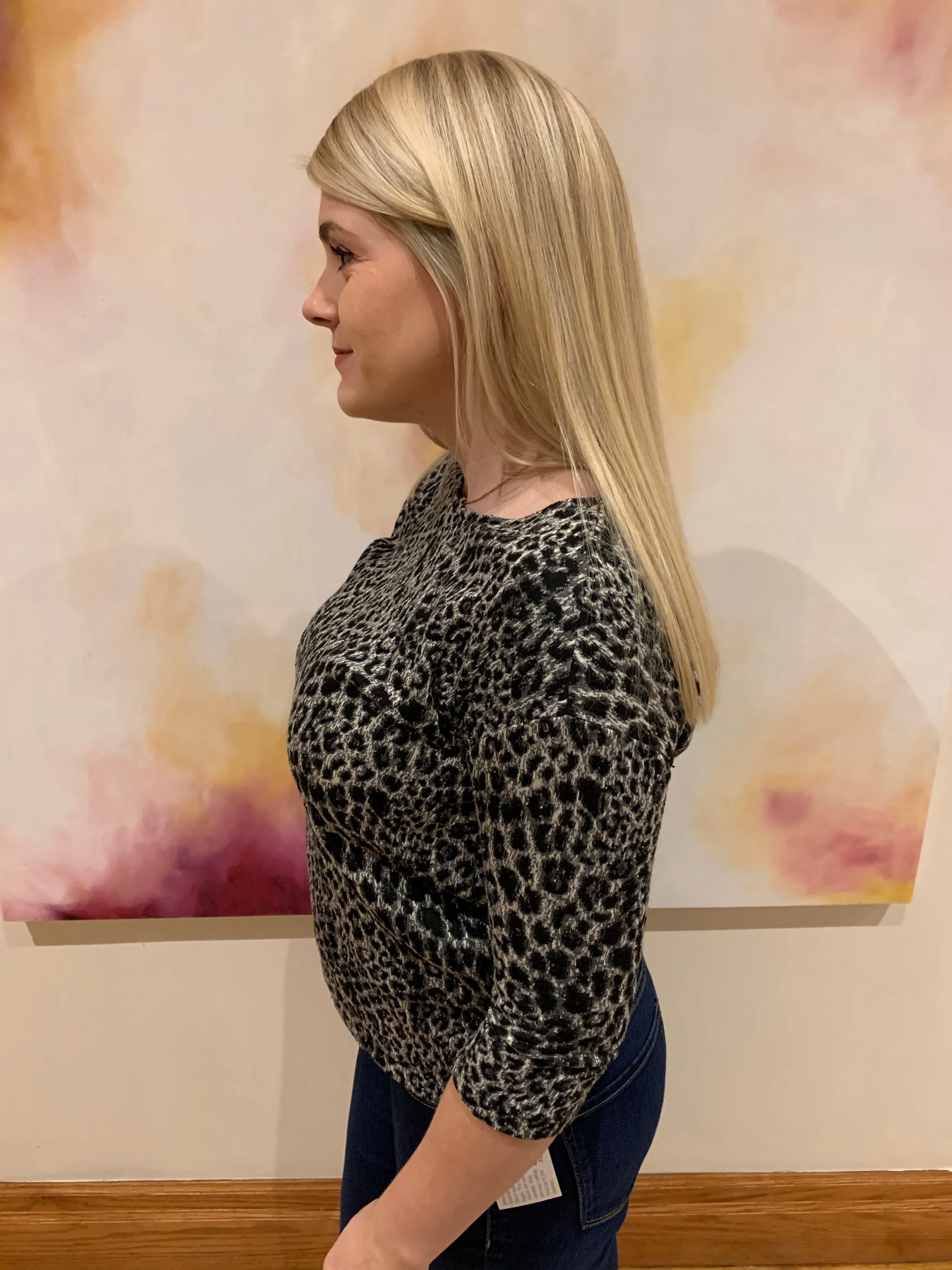 Tu Black Leopard Print Knit 3/4 Sleeve Top - Medium