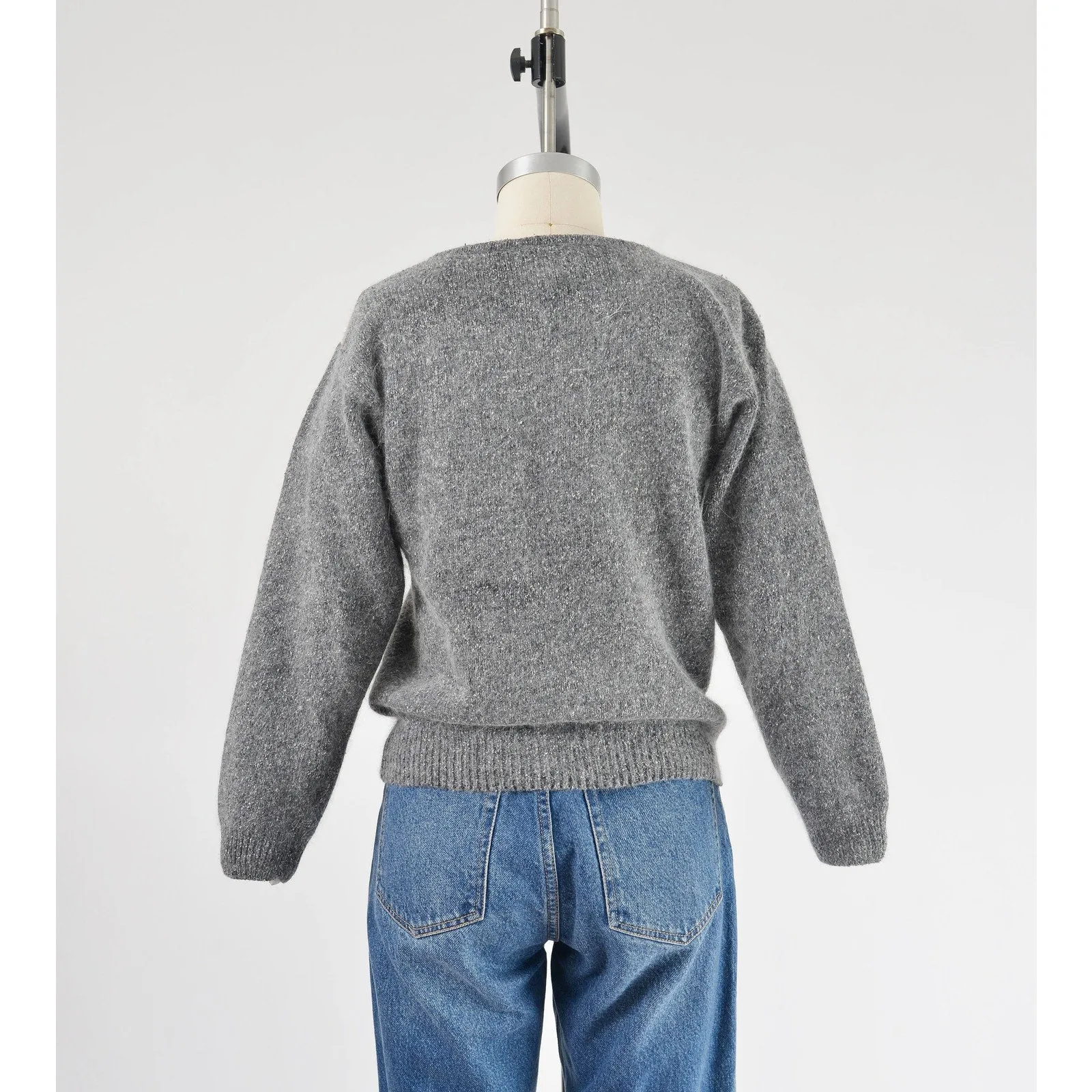 Vintage Gray and Black Silk Angora Beaded Leaf Slouchy Knit Sweater XS S