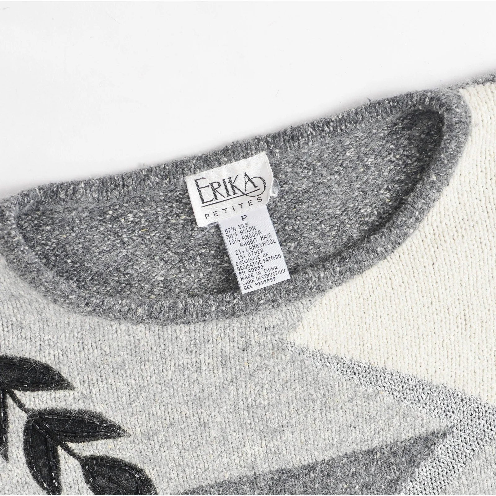 Vintage Gray and Black Silk Angora Beaded Leaf Slouchy Knit Sweater XS S