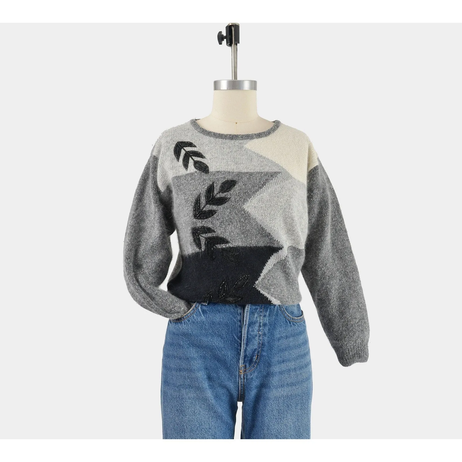 Vintage Gray and Black Silk Angora Beaded Leaf Slouchy Knit Sweater XS S