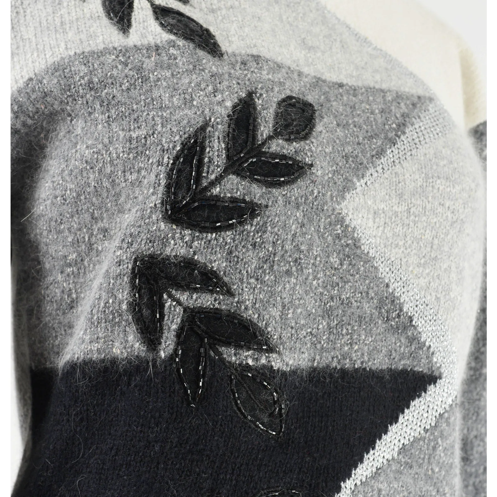 Vintage Gray and Black Silk Angora Beaded Leaf Slouchy Knit Sweater XS S