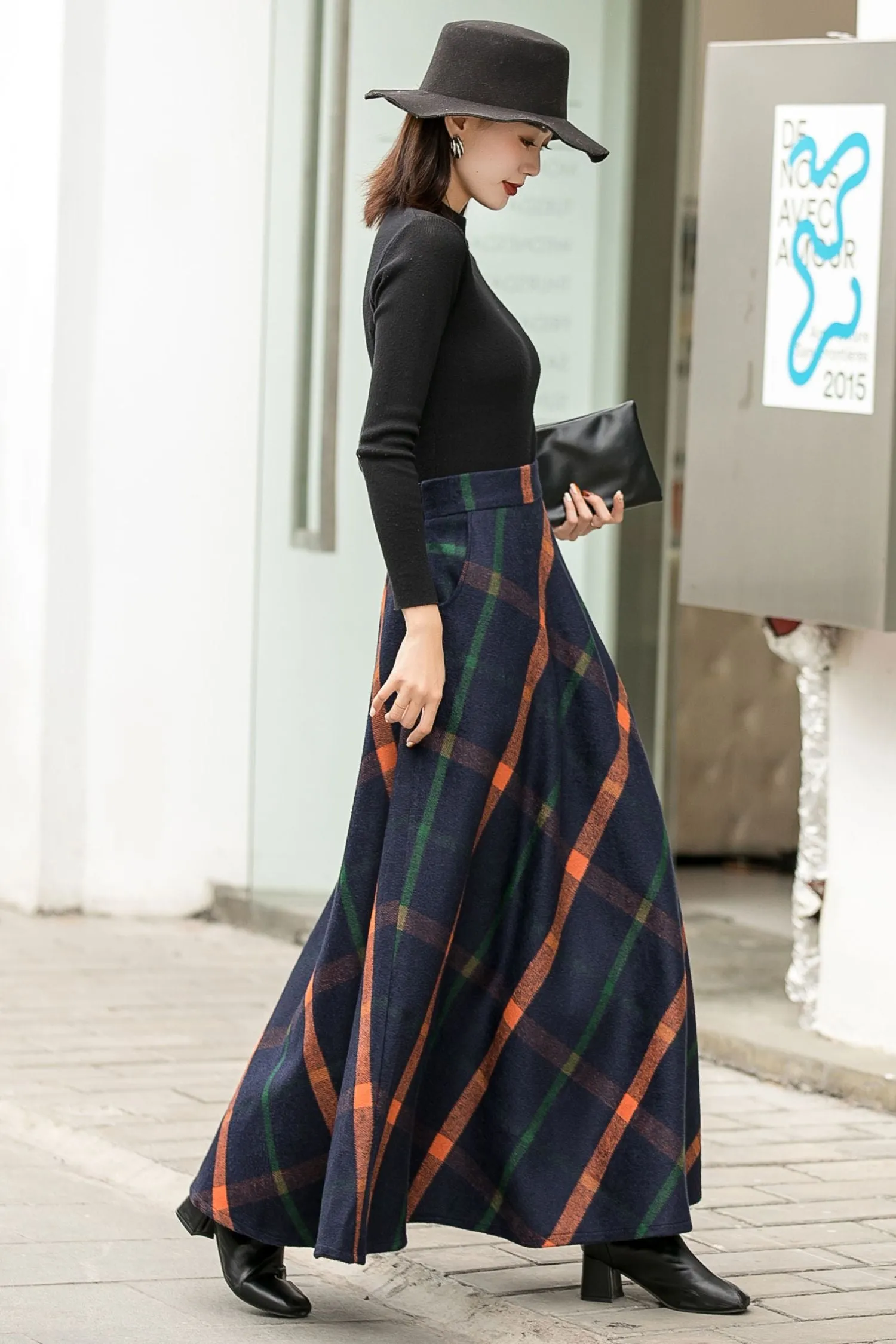 Women A-Line Pleated Plaid Wool Skirt 2838