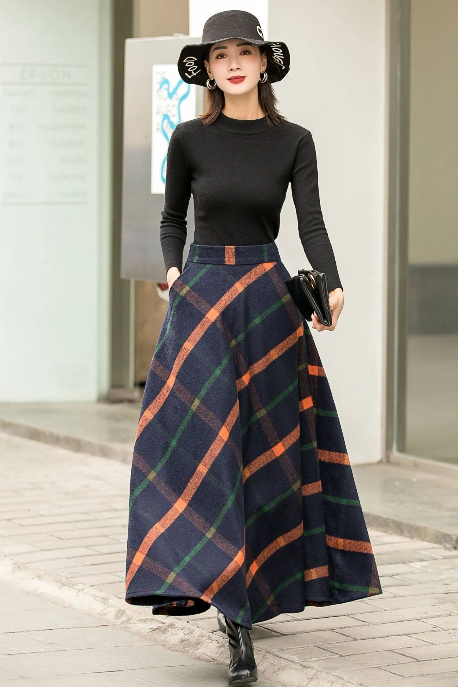 Women A-Line Pleated Plaid Wool Skirt 2838