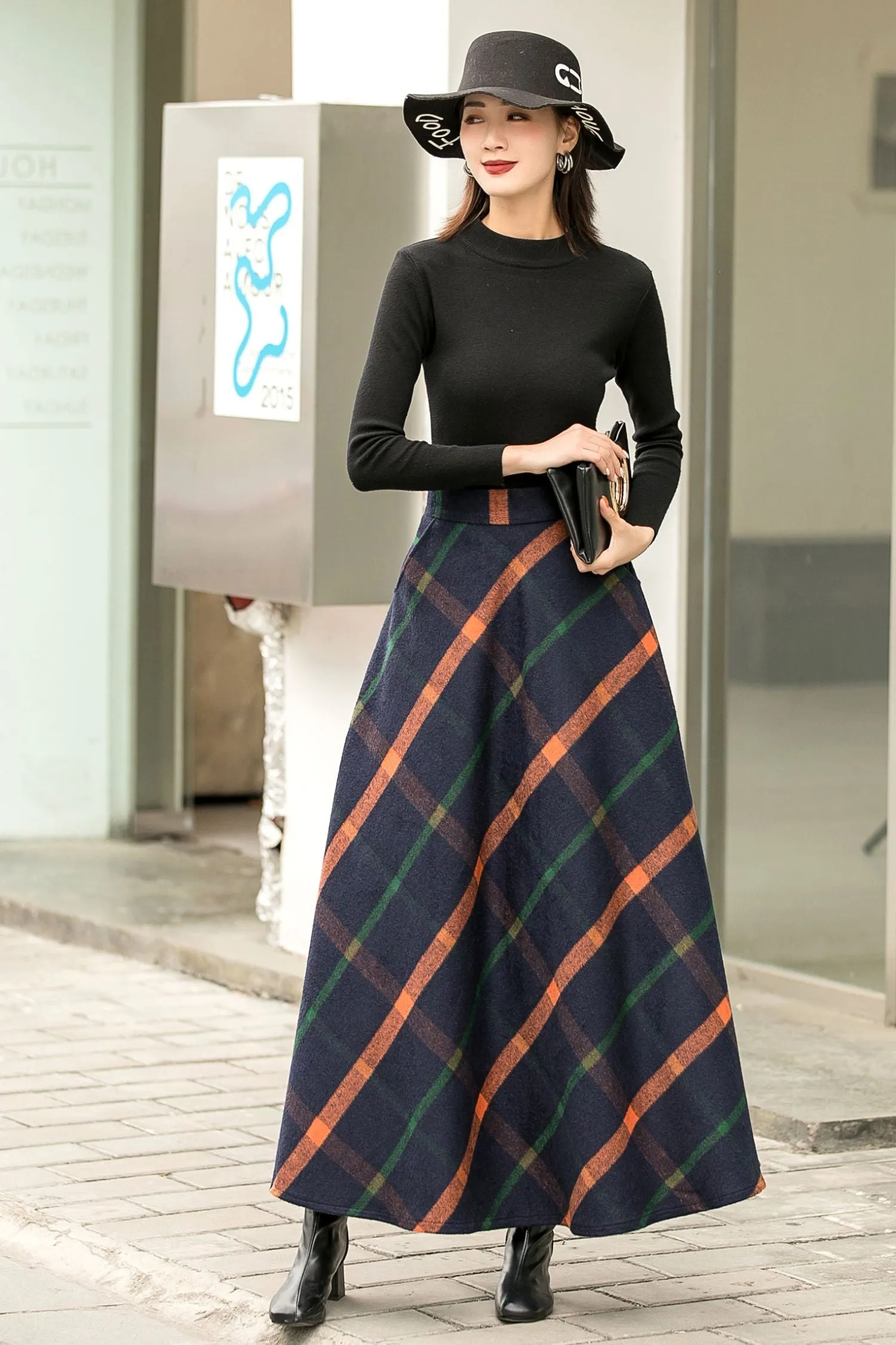 Women A-Line Pleated Plaid Wool Skirt 2838