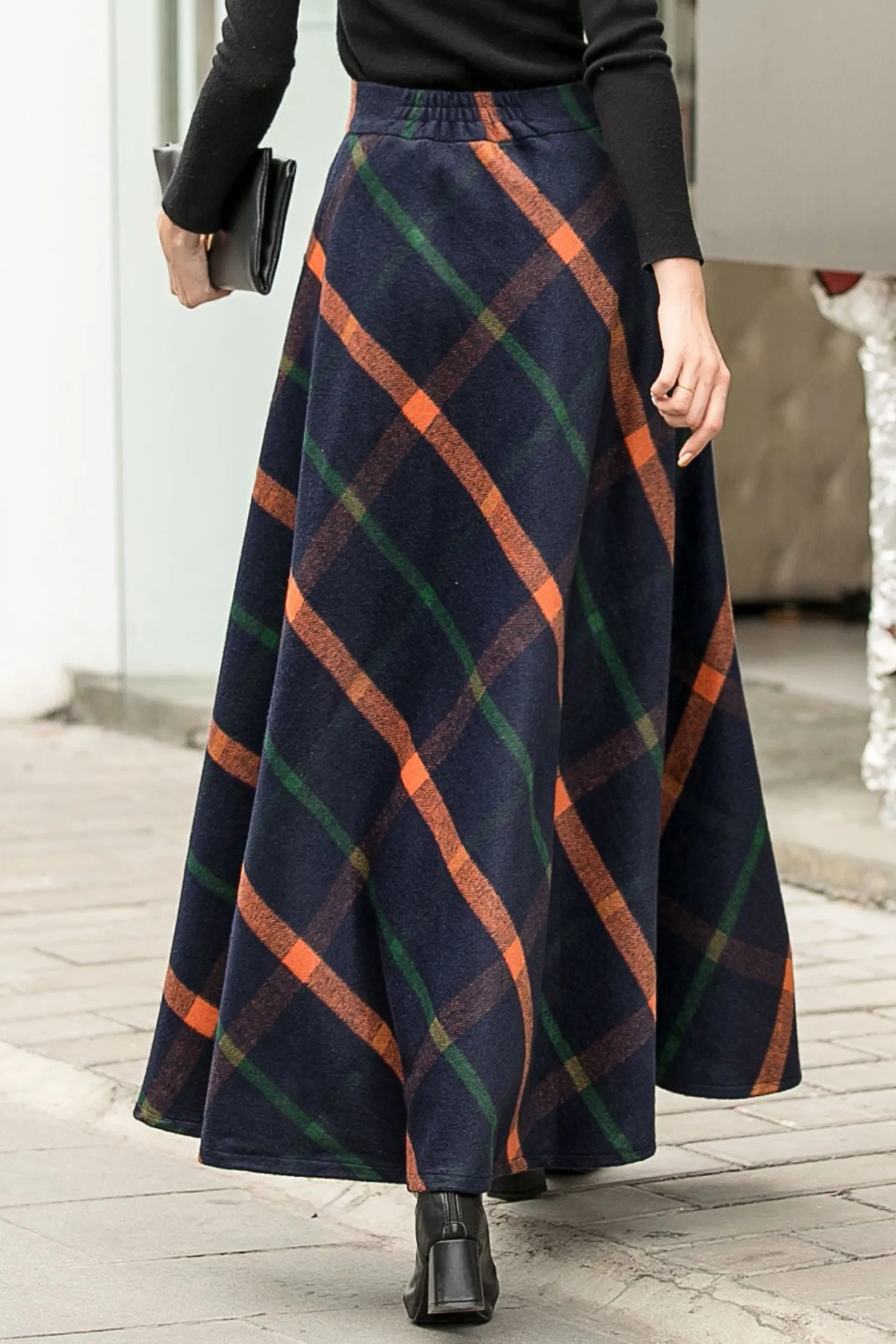 Women A-Line Pleated Plaid Wool Skirt 2838