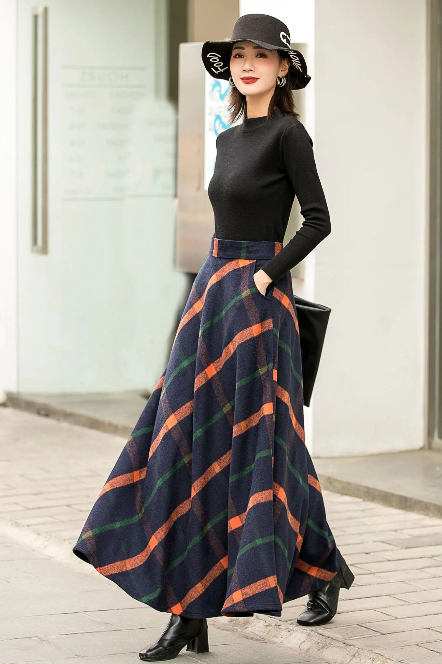 Women A-Line Pleated Plaid Wool Skirt 2838